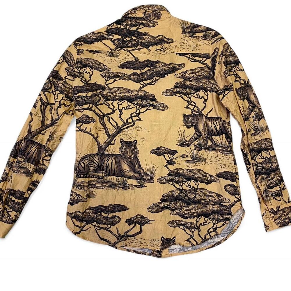 Las Surenas Safari Tiger Linen Cotton Blend Button Up Long Sleeve Blouse Top